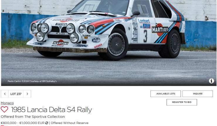 Lancia Delta S4 costa Ferrari asta Rally WRC Gruppo B